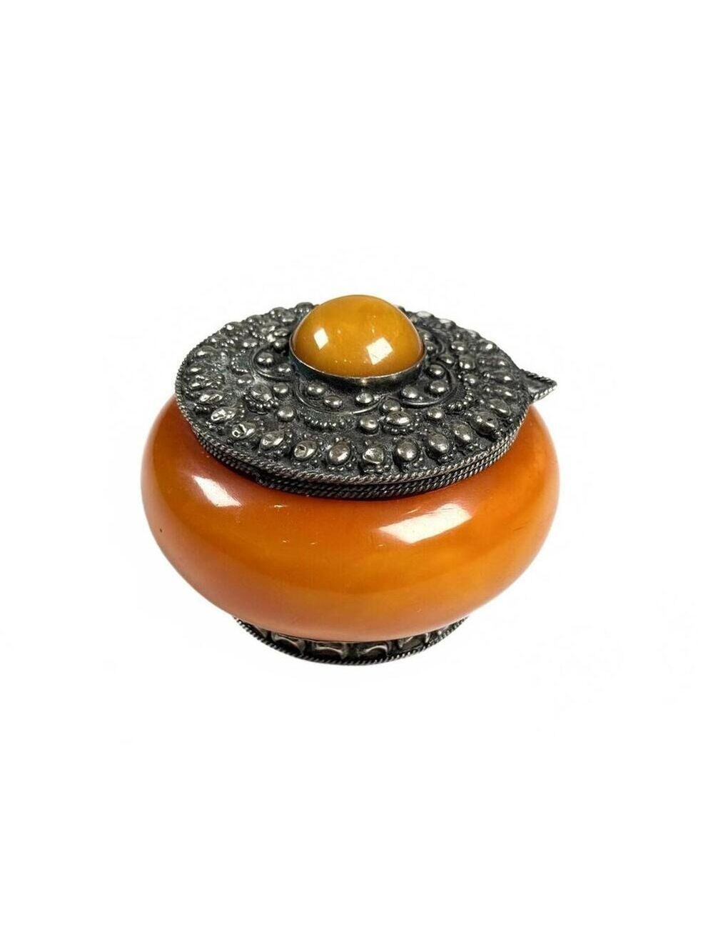 Vintage Moroccan Berber Hand Crafted Amber Resin Silver Tone Jewelry Trinket Box